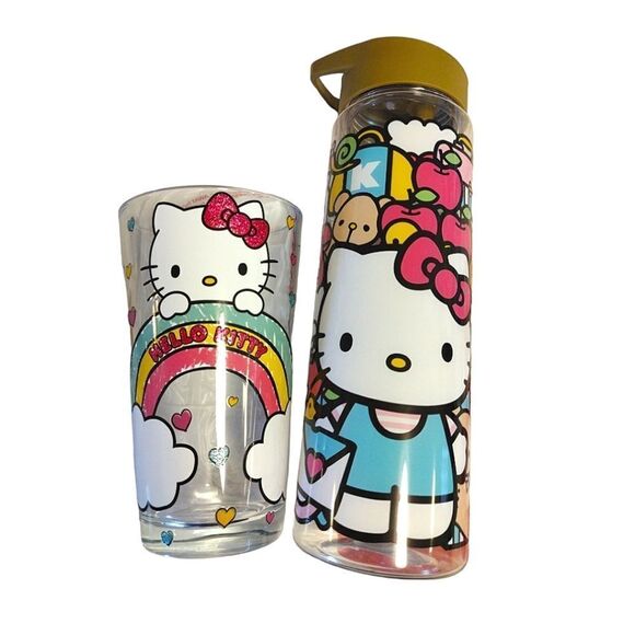 HELLO KITTY Colorful Water Bottle And Glass Tumbler Bundle NWT - Picture 8 of 16